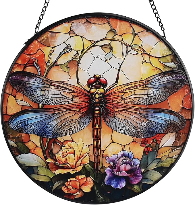 Dragonfly Stained Glass Window Hanging, 7.8" Round Boho Sun Catcher Hand Painted Wall Art Decor with Chain, Unique Housewarming Gifts for Couples, Home