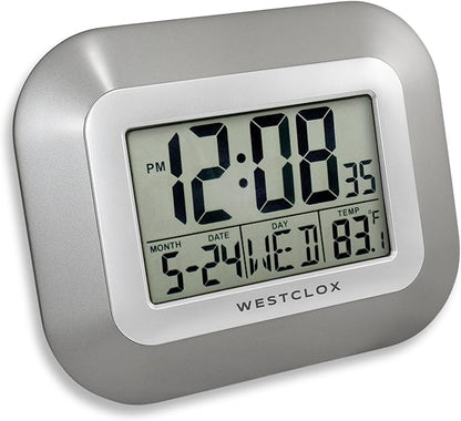 Westclox Large Digital Wall Clock with Date, Day & Temperature – Battery Operated Digital Clock with Alarm & Snooze, 12/24 Hour Display, Stylish Wall or Desk Clock for Home, Office & Bedroom (Gray)