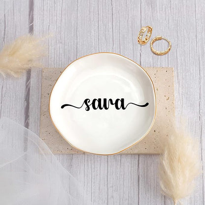 JoycuFF Sara Personalized Name Ceramic Jewelry Tray, Mothers Day Christmas Anniversary Engagement Birthday Gifts for Women Couples, Trinket Dish for Rings Earrings Necklaces Bracelets Keys