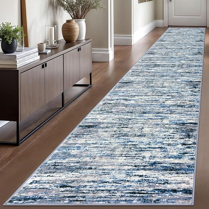 Modern Abstract Runner Rug 2.6x16, Grey Blue White Washable Long Kitchen Runner Non-Slip Soft Hallway Rug Runner Thin Print Faux Wool Carpet for Entryway Bedroom Laundry Room Indoor Home Decor