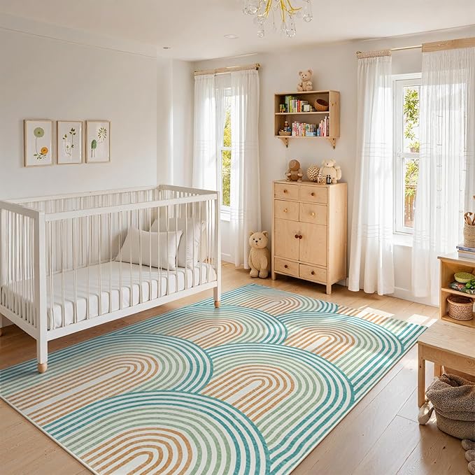 Moynesa Abstract Rainbow Washable Area Rug 6x9, Soft Ultra-Thin Rugs for Bedroom Boys Non Slip Playroom Rug, Mid Century Modern Colored Orange Green Large Carpet for Living Room Nursery
