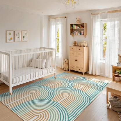 Moynesa Abstract Rainbow Washable Area Rug 6x9, Soft Ultra-Thin Rugs for Bedroom Boys Non Slip Playroom Rug, Mid Century Modern Colored Orange Green Large Carpet for Living Room Nursery