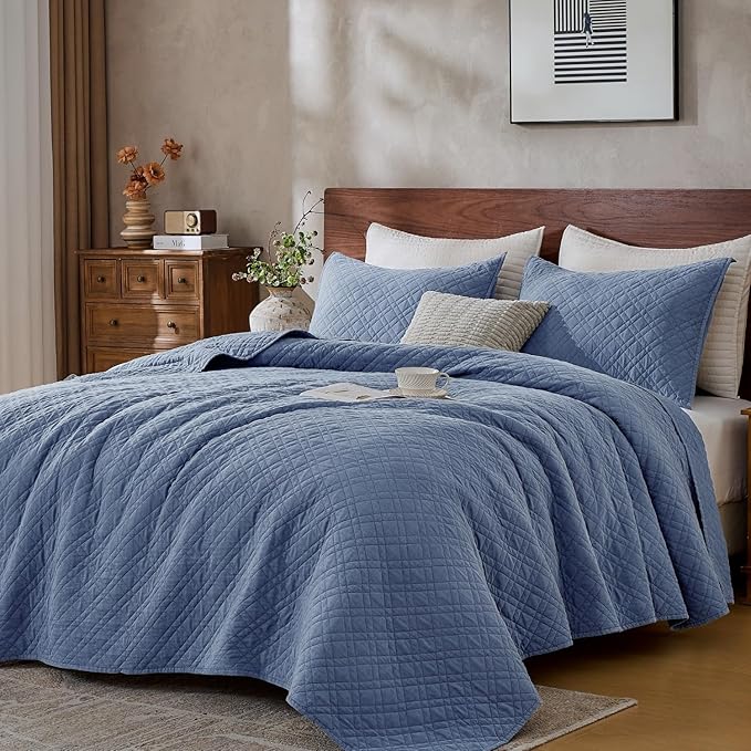 DOWN HOME Queen Quilt Set with Shams Lightweight Quilted Bedspread Coverlet Thin Comforter Bed Cover Vintage Washed Quilted Blanket for All Season, Brushed Microfiber Diamond Stitching, Blue, 88"x92"