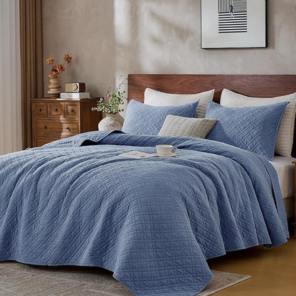 DOWN HOME King Quilt Set with Shams Lightweight Quilted Bedspread Coverlet Thin Comforter Bed Cover Vintage Washed Quilted Blanket for All Season, Brushed Microfiber Diamond Stitching, Blue, 104"x92"