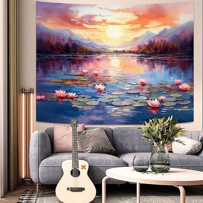 kampdream Landscape Tapestry, Scenery Art Wall Tapestries, Nature Wall Decor for Bedroom Living Room Backdrop Sunset Pond Lotus 44×60 inches