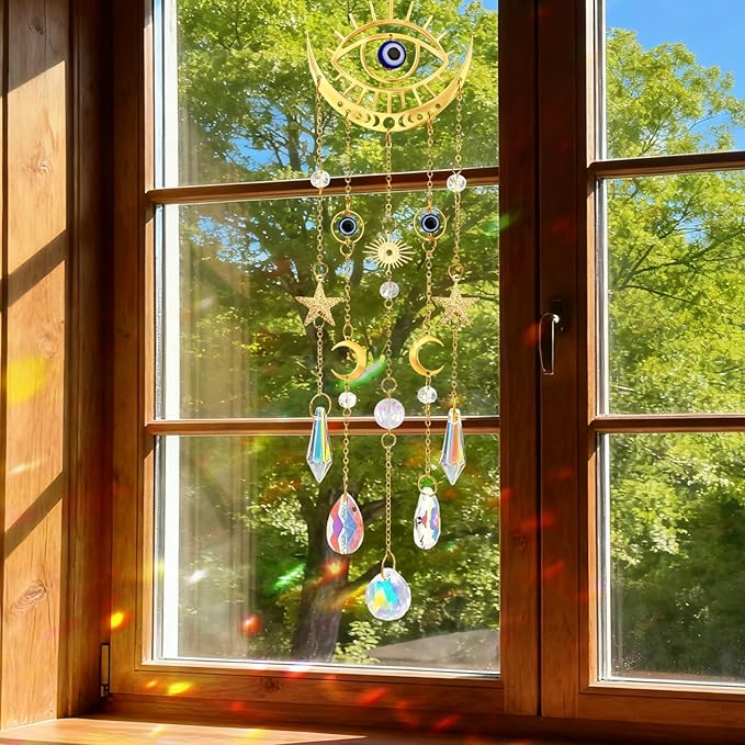 Crystal Suncatcher, Suncatcher for Windows Hanging Indoor Outdoor, Evil Eye Sun Catchers Prisms Rainbow Maker Home Garden Backyard Ceiling Room Decor for Valentines's and Mother's Day Birthday Gift
