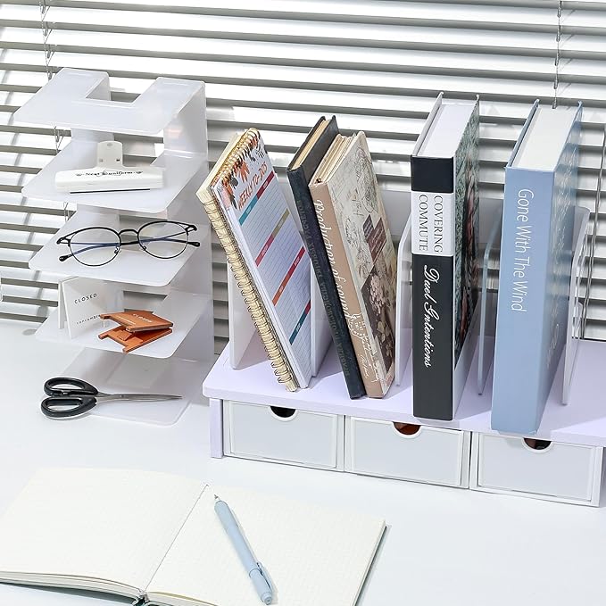 BAYTORY 2Pcs Acrylic File Holder Purse Organizer, Sturdy Desktop File Sorter Organizer, Binder Shelf for Office Desk Kitchen Shelf Closet (White)