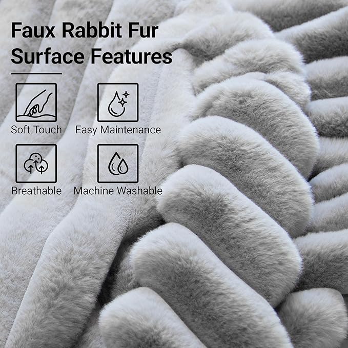 Luxury Round Stuffed Floor Poufs Ottoman, Stripe Faux Fur Footrest with Dual Layer Comfort, Removable Washable Cover, 20"x15" Plush Pouf Shaggy Stool for Living Room Bedroom, Gray
