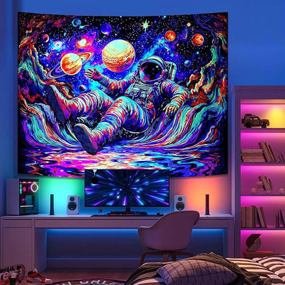 Blacklight Astronaut Tapestry Wall Hanging Space Galaxy Travel Funny Wander Tapestries for Bedroom Colorful Aesthetic Cool Wall Art for Guys Gamer Room Dorm Living Room (celestial bodies, 60''×44'')