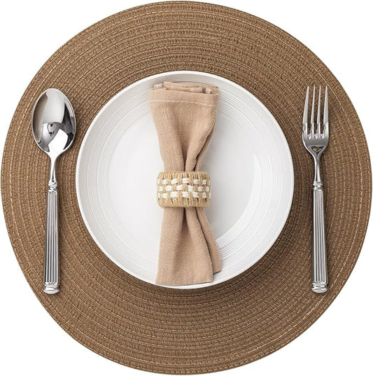 Round Placemats Set of 4 Woven Placemats Washable Braided Table Mats for Dining Table Heat Resistant Non-Slip Circle Place Mats(Brown)