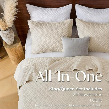 Queen Quilt Set with Shams Lightweight Quilted Bedspread Coverlet Thin Comforter Bed Cover Vintage Washed Quilted Blanket for All Season, Brushed Microfiber Diamond Stitching, Beige, 88"x92"