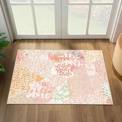 DEXDE 2x3 Area Rug, Small Boho Rugs Entryway Doormat Indoor Machine Washable Non-Slip Abstract Botanical Leaves Floral Floor Carpet for Living Room Bedroom Office Playroom,Pink