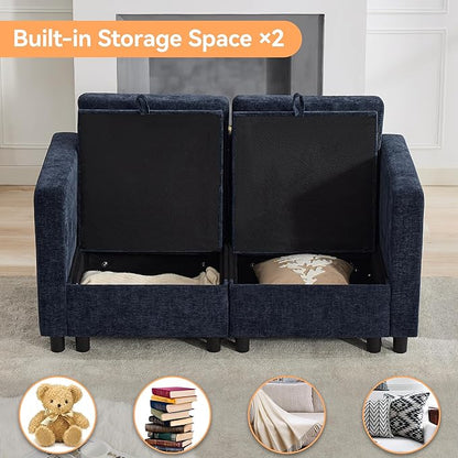 58'' Modular Sectional Loveseat Sofa, Modern Love Seat 2 Seater Sofa Couch with Storage, Chenille Modular Sectional Couch for Living Room, Bedroom, Office, Small Apartment, Navy