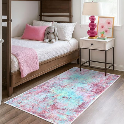 Modern Abstract 3x5 Girls Room Rug, Machine Washable Blush Pink Sky Blue Entryway Rug, Thin Kitchen Mat Non-Slip, Print Faux Wool Soft Floor Carpet for Girl Women's Bedroom Bedside