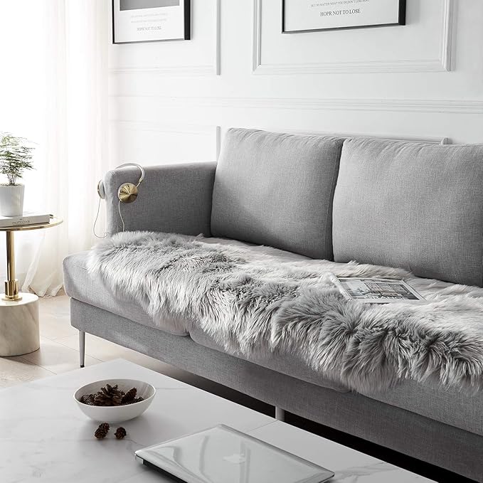 SERISSA Ultra Soft Fluffy Rug Grey Faux Sheepskin Fur Area Rug Shaggy Couch Cover Seat Cushion Gray Furry Carpet Beside Rugs for Bedroom Floor Sofa Living Room Runner 2x6 Feet Grey