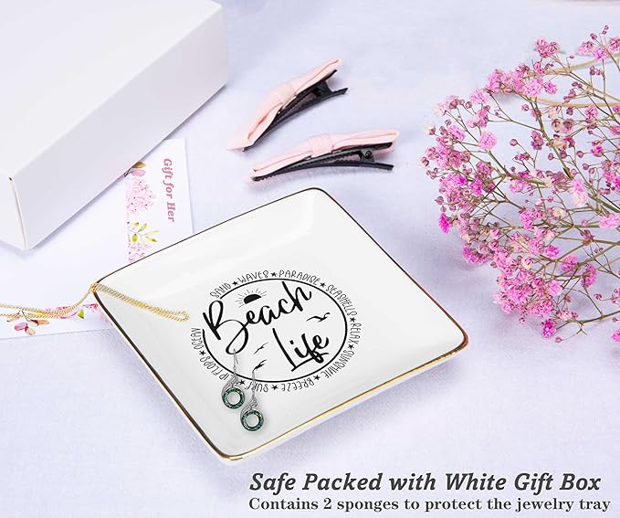 NZY Beach Life Gifts for Women Her-Ocean Sunset Beach Vacation Gift for Seaside Lover-Seasaid Travel Lovers Present-Ceramic Jewelry Tray Trinket Holder Ring Dish