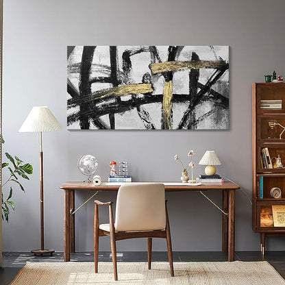 Large Black and White Wall Art, Modern Paintings Gold Abstract Graffiti Canvas Artwork Wall Pictures for Living Room Bedroom Dining Room Home Office Decor 24x48 In