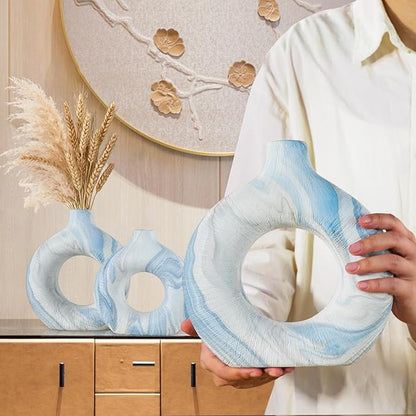 Blue Vases Set of 2, Boho Donut Vase for Table Centerpiece, Modern Hollow Vases Ceramic Decoration for Living Room, Nordic Home Decor for Coffee Table Shelf