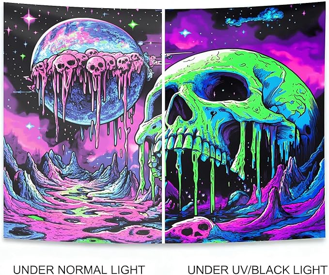 seewan Black Light Melting Skull Tapestry, Glow-in-the-Dark UV Neon Dripping Planet & Skull Tapestry, Psychedelic Space Horror Art Tapestry, Bedroom Dorm Living Room Background Decor