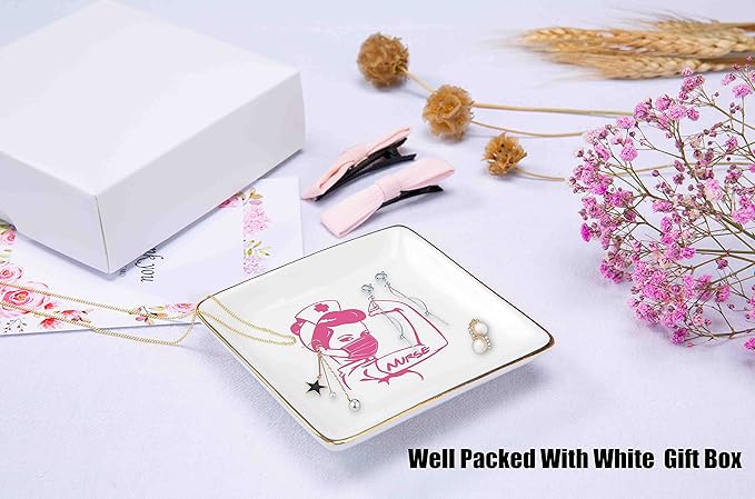 Topthink Funny Nurse Gift-Birthday,Graduation,Christmas,Nurse Life Theme,Registered Nurse Appreciation Gifts-RN,Nursing Student Presents- Ceramic Jewelry Holder Ring Dish Trinket Tray