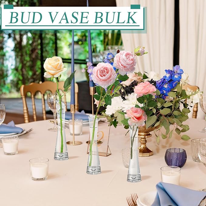 Lallisa 6 Pcs Glass Bud Vases for Centerpieces Maria Modern Clear Small Skinny Decorative Single Flower Bud Vase for Wedding Party Event Home Office Decoration(7.87 Inch,Transparent Color)