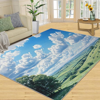 Sky and Clouds 5x8 Area Rugs for Living Room -Grassland and Pasture Washable Rug Rural Landscape Non-Slip Carpet Indoor Floor Stain Resistant Thin Carpets for Bedroom Dining Room Home Office