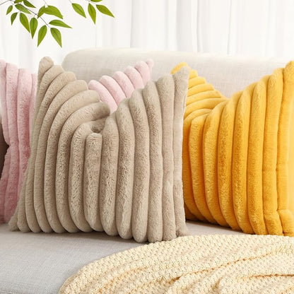 decorUhome Faux Fur Spring Throw Pillow Covers 20x20 Set of 2, Decorative Soft Plush Striped Neutral Couch Pillow Covers with Velvet Back for Sofa, Bed, Living Room Home, Mustard Yellow