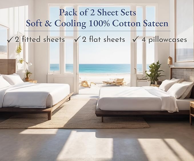 California Design Den 100% Cotton 2-Pack Full Sheet Set - Soft & Durable Sateen, Deep Pocket Full Size Bed Sheets (White)