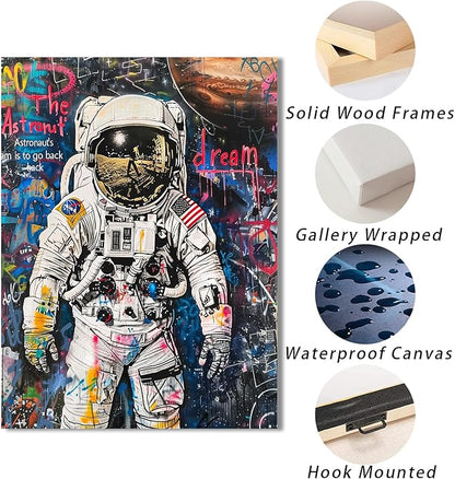 Ypxzzj Banksy Framed Graffiti Astronaut Canvas Wall Art Spaceman Posters Prints Pictures Wall Decor Modern Abstract Street Graffiti Painting Artwork for Living Room Home Decor Ready to Hang
