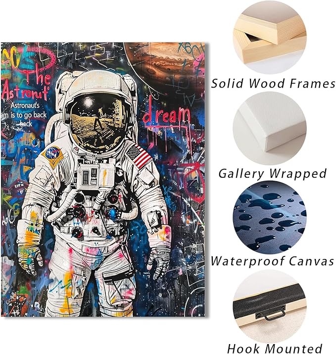 Ypxzzj Banksy Framed Graffiti Astronaut Canvas Wall Art Spaceman Posters Prints Pictures Wall Decor Modern Abstract Street Graffiti Painting Artwork for Living Room Home Decor Ready to Hang