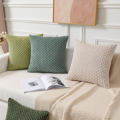 Kevin Textile Decorative Pillow Covers Set of 2 Striped Plush Corduroy Pillows Pillowcases Boho Home Decor Cushion Covers for Couch Sofa Bed Living Room 18x18 Inch, Teal Green
