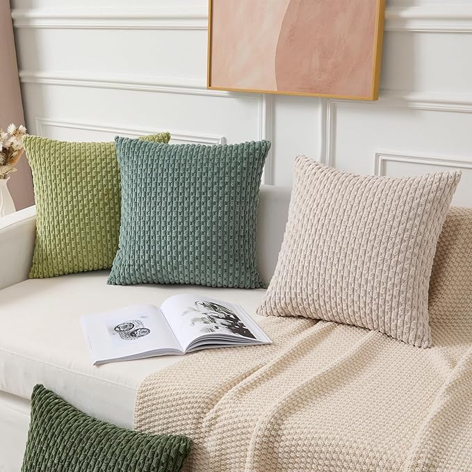 Kevin Textile Spring Decorative Pillow Covers Set of 2 Striped Plush Corduroy Pillows Pillowcases Boho Home Decor Cushion Covers for Couch Sofa Bed Living Room 18x18 Inch, Grass Green
