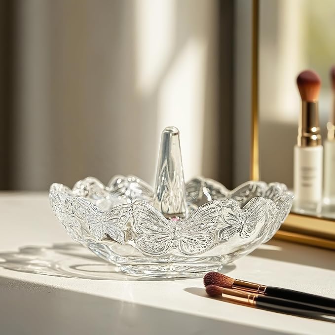 H&D HYALINE & DORA Clear Crystal Ring Holder with Butterfly Pattern, Engagement Glass Ring Dish Jewelry Holder for Rings Earrings Necklace Organizer