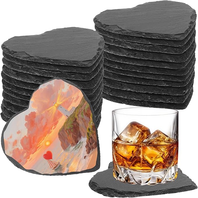 24 PCS Slate Drink Coasters Bulk,4 Inch Black Slate Stone Coasters for Office, Home Decor,Laser Engraving Blanks with Anti-Scratch Bottoms for Coffee Bar Kitchen(Heart)