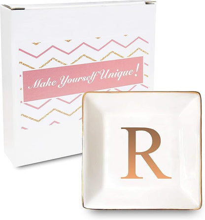 ANOTION Jewelry Tray Ring Dish with Ini-tial Gift- Personalized Trinket Dish and Jewelry Dish with Gold Initials Key Bowl Ceramic Holder, Unique Wedding or Engagement Present