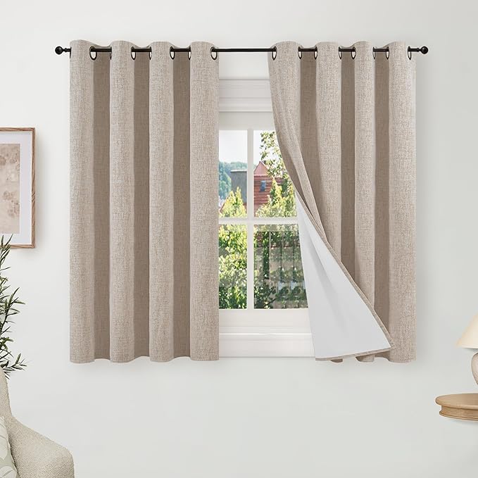 Lajode Short Linen Blackout Curtains 45 Inch Length 2 Panels, Thermal Insulated Total Light Blocking Window Curtains for Farmhouse Bedroom Basement, Bronze Grommet, Beige, Each 52" Wide