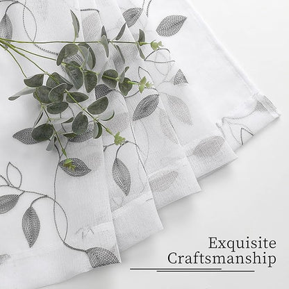 Tollpiz Grey Leaf Sheer Curtains Leaves Embroidered Bedroom Curtain Rod Pocket Voile Window Treatment for Living Room, 54 x 84 inches Long, Set of 2 Panels