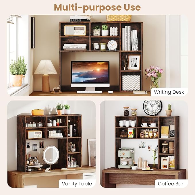 GOFLAME Desktop Bookshelf, 37” Desk Organizer Shelf with 7 Cubes & 3 Adjustable Shelves, 3-Tier Wood Countertop Display Rack, Multipurpose Tabletop Desk Hutch for Dorm, Home Office (Rustic Brown)