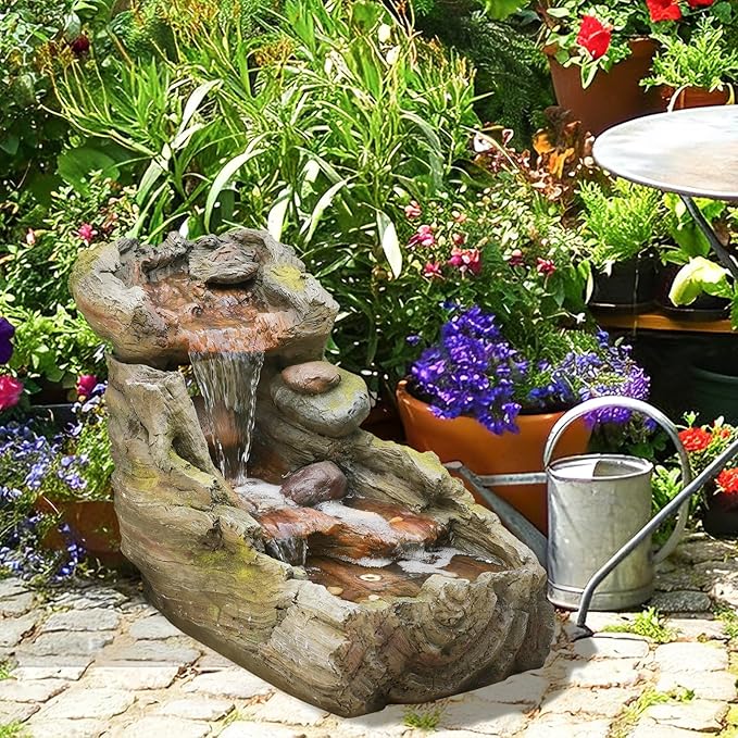 23.62" L Outdoor Water Fountain with 3 Tiers Cascading Realistic Tree Trunk Waterfall Fountains with LED Lights Outdoor Water Fountain for Garden Patio Backyard Porch Home Decor