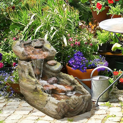 23.62" L Outdoor Water Fountain with 3 Tiers Cascading Realistic Tree Trunk Waterfall Fountains with LED Lights Outdoor Water Fountain for Garden Patio Backyard Porch Home Decor