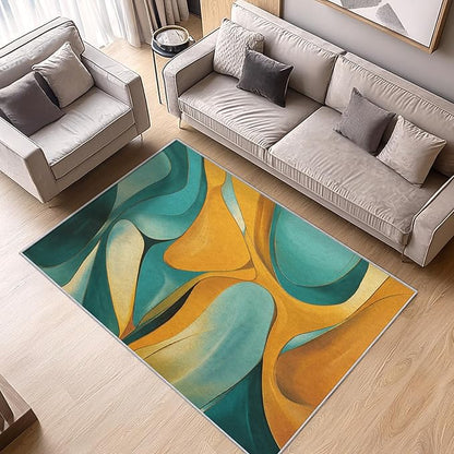 Abstract Rugs for Bedroom - Abstract Swirl Area Rug, 4x5 Rug, Yellow Blue Contemporary Rug & Home Decor, Modern Carpet & Room Decor, Washable Non Slip Anti Skid Rugs