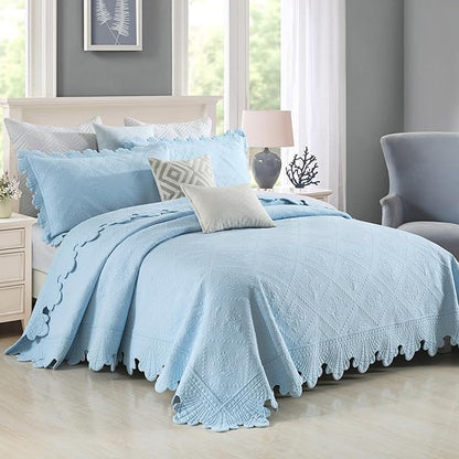 MarCielo 3-Piece 100% Cotton Oversized Bedspread Lightweight Quilt Coverlet Embroidery Farmhouse Bedding Set (TK Light Blue, Oversized Queen (100"x106"))