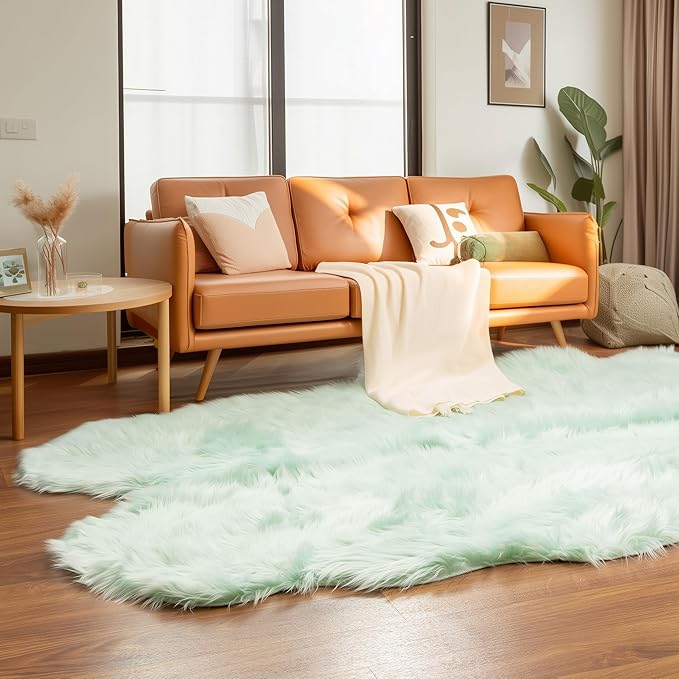 4 x 6 ft Fluffy Mint Green Faux Sheepskin Rug – Large Faux Fur Carpet for Bedroom or Living Room – Plush and Inviting Sheepskin Decor