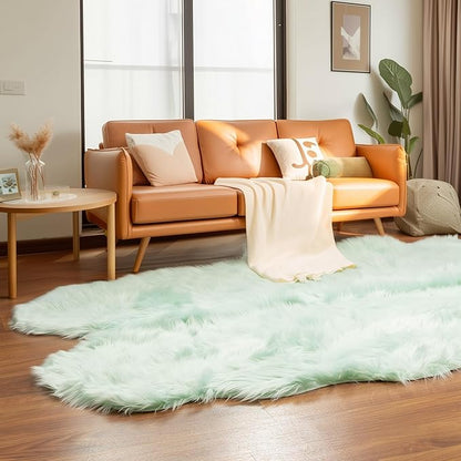 4 x 6 ft Fluffy Mint Green Faux Sheepskin Rug – Large Faux Fur Carpet for Bedroom or Living Room – Plush and Inviting Sheepskin Decor