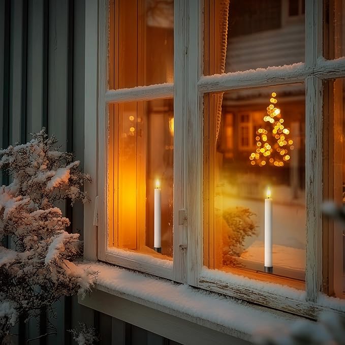 Homemory Real Wax Window Candles with Remote Timer Dimmer, Flameless Taper Candles with Holders, Christmas Candle for Window Battery Operated, LED Candlesticks for Home Holiday Decor, 6 Pcs White