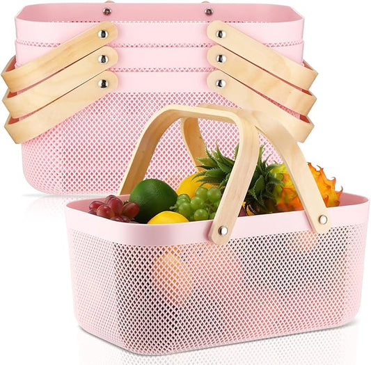 Sadnyy 4 Pcs Plastic Mesh Garden Harvest Basket Storage Basket with Wooden Handle Multi Functional Mesh Bin for Kitchen Cabinet Picnic Fruit Vegetable Gathering Organizer(Large,Pink)