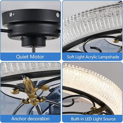 Rustic Black Caged Ceiling Fan with Light, Farmhouse Ceiling Fan Remote Control with Crystal, LED Low Profile Ceiling Light for Bedroom Kitchen Living Room