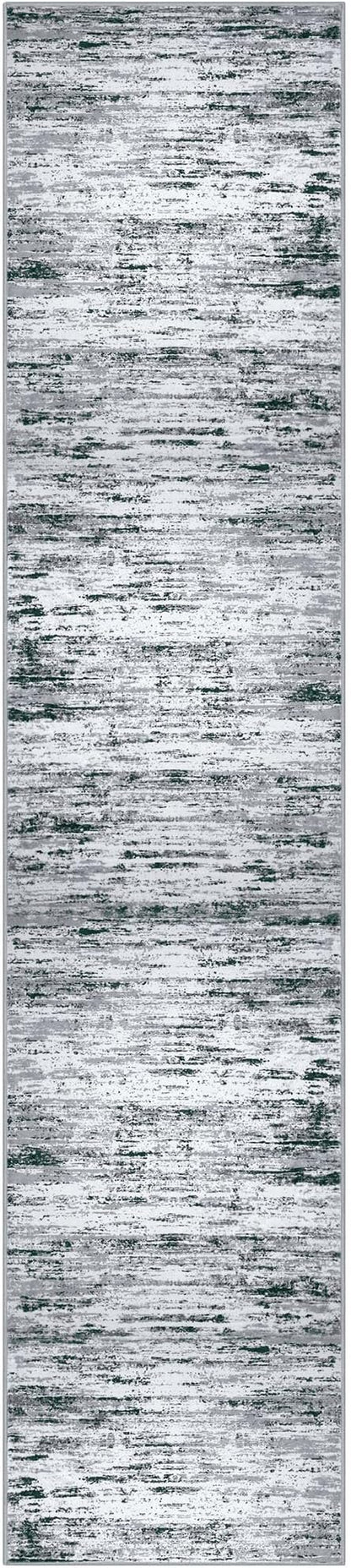 Modern Abstract Runner Rug 2.6x12, Black Grey White Washable Long Kitchen Runner Non-Slip Soft Hallway Rug Runner Thin Print Faux Wool Carpet for Entryway Bedroom Laundry Room Indoor Home Decor