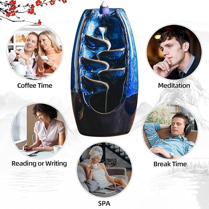 INONE Ceramic Incense Burner with 100 Upgraded Cones, Waterfall Backflow Incense Holder, Aromatherapy Ornament, Zen Decor, Home Decor, Room Decor (Blue)