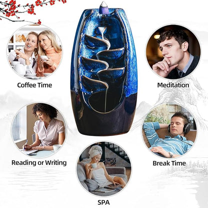 INONE Ceramic Incense Burner with 100 Upgraded Cones, Waterfall Backflow Incense Holder, Aromatherapy Ornament, Zen Decor, Home Decor, Room Decor (Blue)
